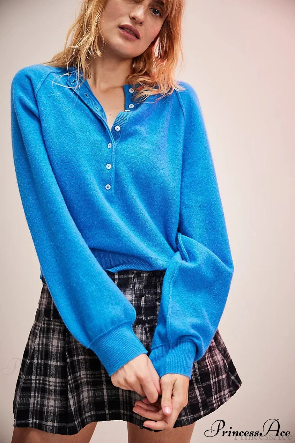 French Vintage Loose Long-Sleeve Knit Top Blue / S