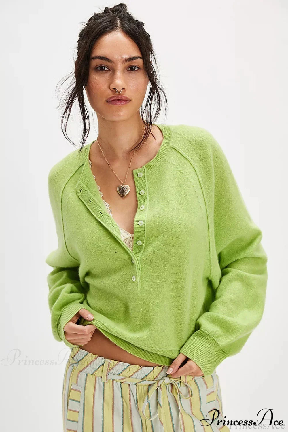 French Vintage Loose Long-Sleeve Knit Top Green / S