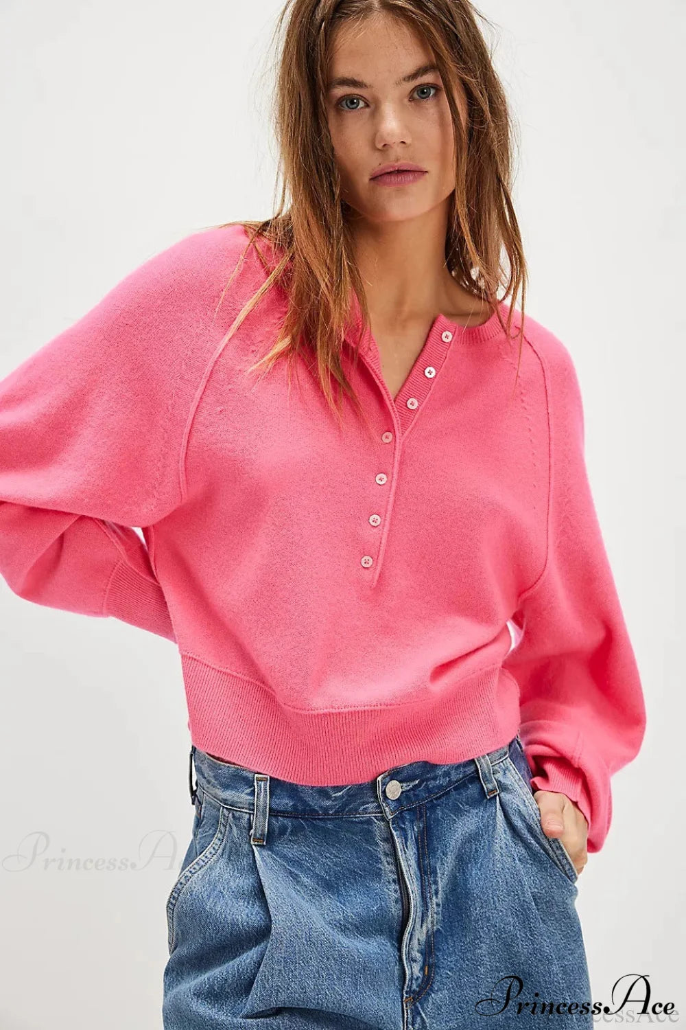 French Vintage Loose Long-Sleeve Knit Top Rose red / S