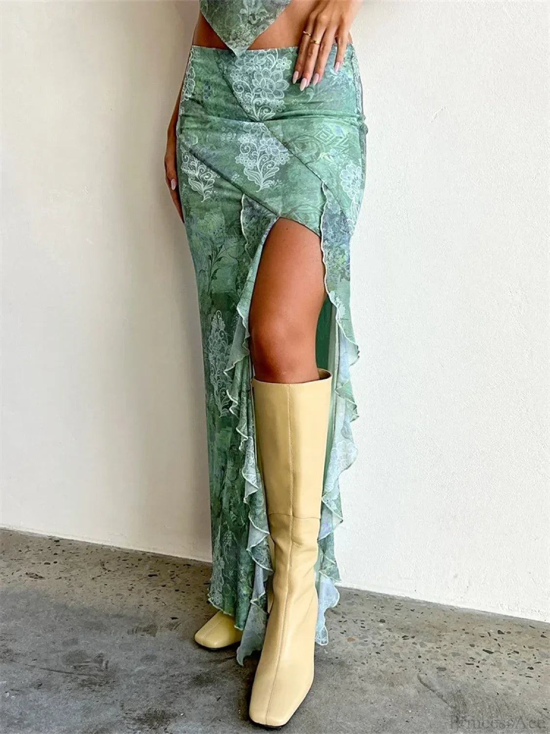 Frill Tulle Floral Low Waist High Split Bohemian Skirt Emerald Green / S skirt-250126