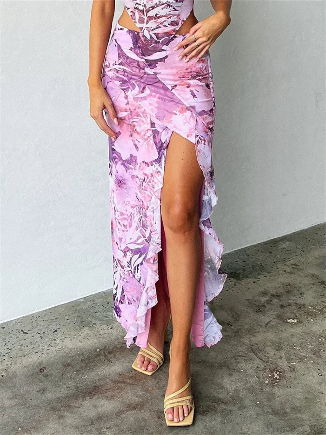 Frill Tulle Floral Low Waist High Split Bohemian Skirt PURPLE / S skirt-250126