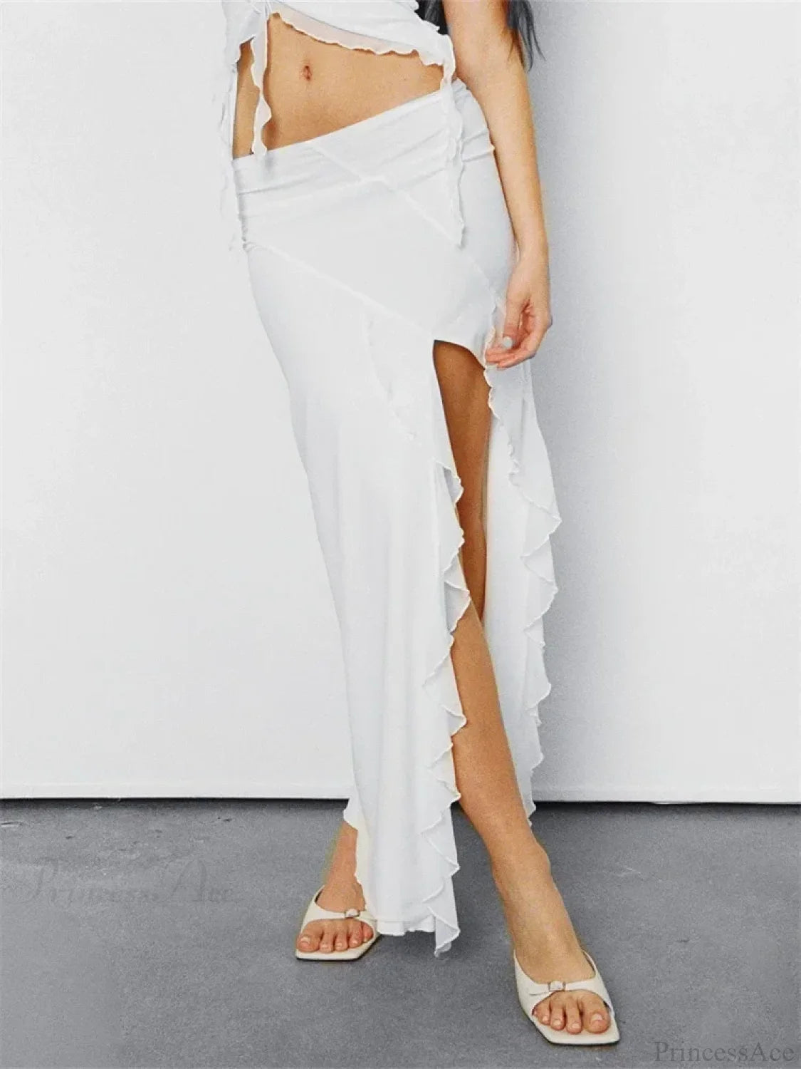 Frill Tulle Floral Low Waist High Split Bohemian Skirt WHITE / S skirt-250126