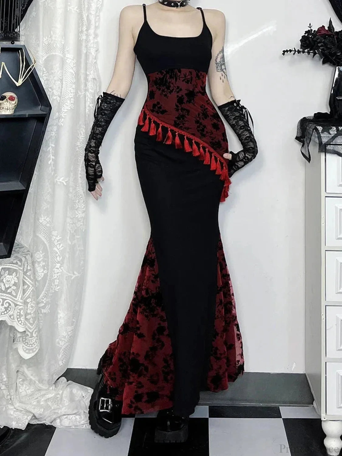 Fringe Spaghetti Strap Form-Fitting Maxi Dress Black / S