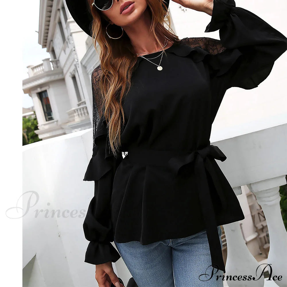 Front Lace Arm Flounce Cap Tie Blouse