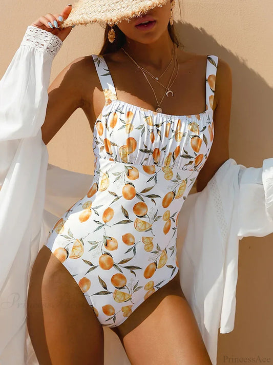 Fruit Print Bandeau Tummy Control Swimsuit One Piece WHITE / S onepiece-250223