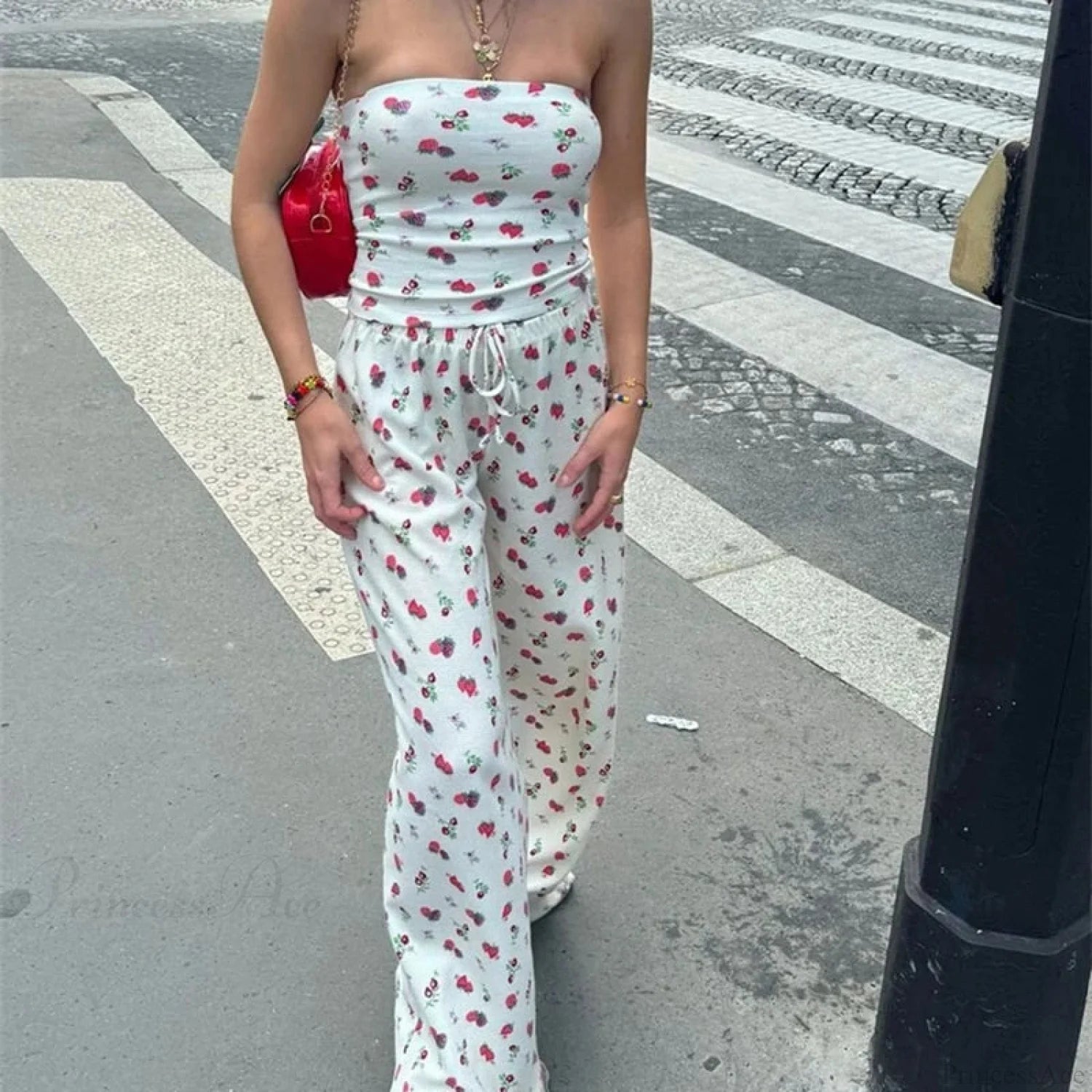 Fruit Print Strapless Tube Top Backless Crop Top Pants Two Pieces Set WHITE / S twopiecesset-250126