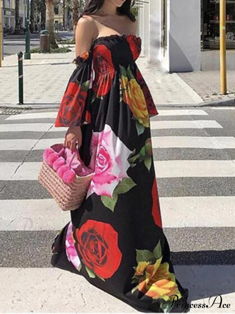 Full-Length Shoulder Flowered Warm-Season Off Dress S / Black Dresses