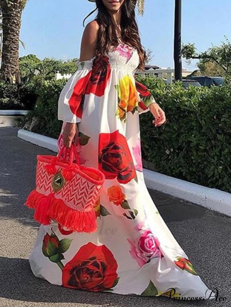 Full-Length Shoulder Flowered Warm-Season Off Dress S / White Dresses