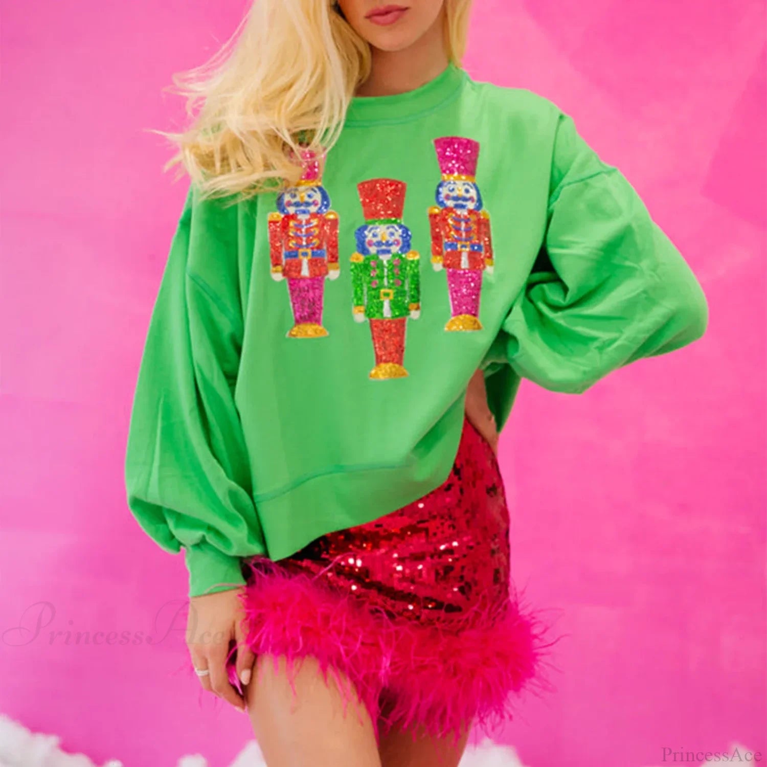 Funny Imcute Sequin Nutcracker Graphic Long Sleeve Christmas Hoodie Green / S Hoodies-L