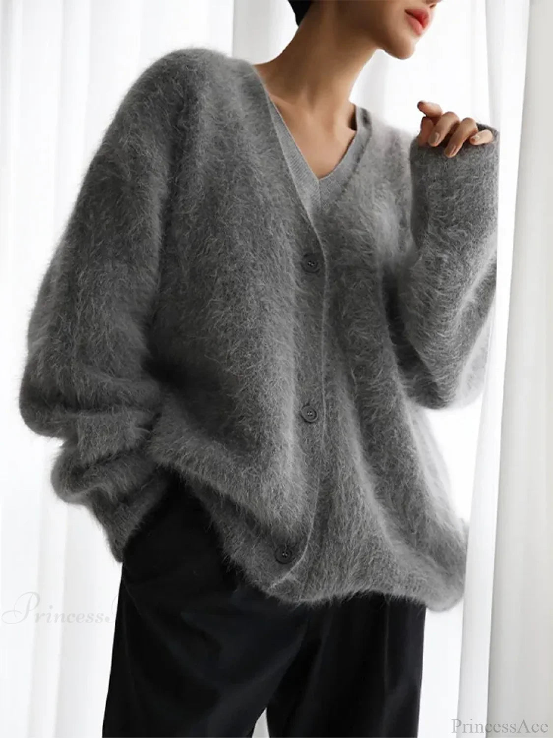 Furry Button Long Sleeve Cardigan Dark gray / S