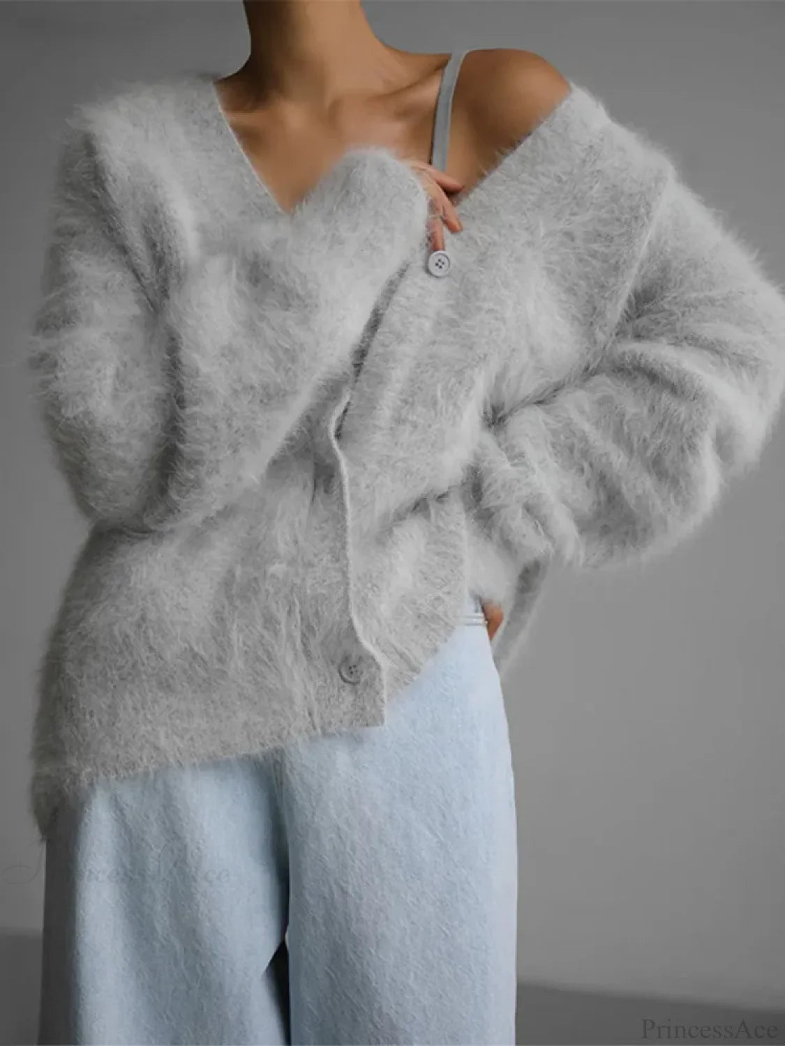 Furry Button Long Sleeve Cardigan Light gray / S
