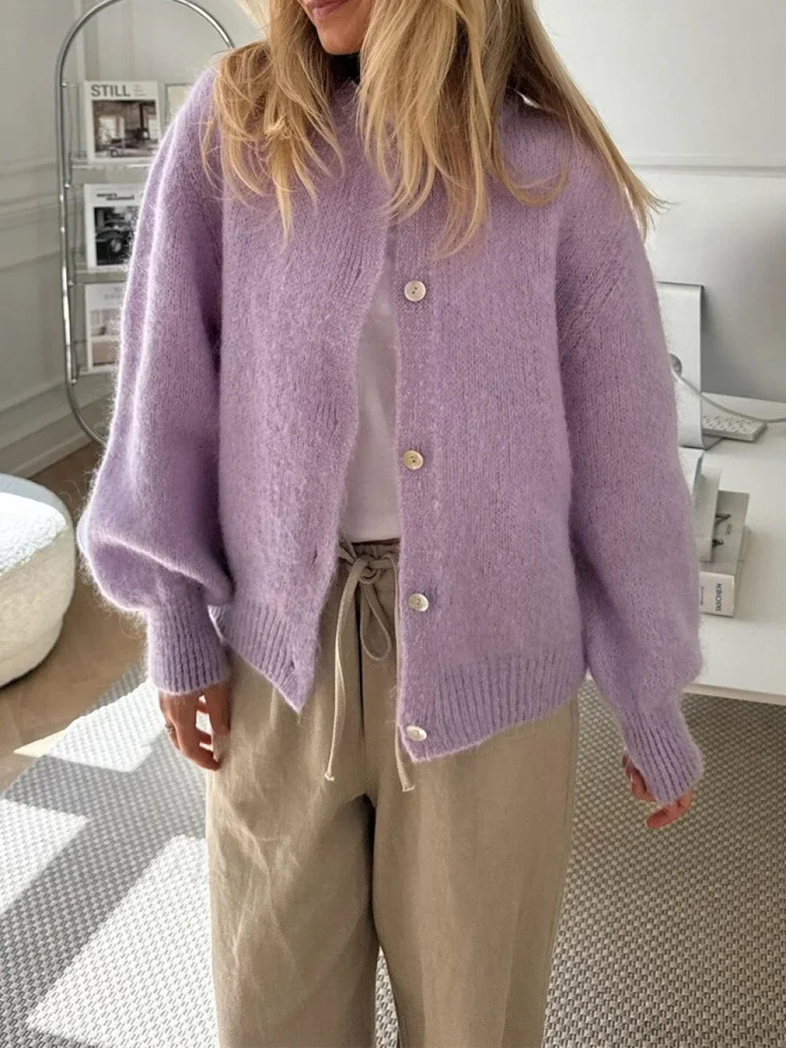 Fuzzy Button-Down Long Sleeve Knit Cardigan