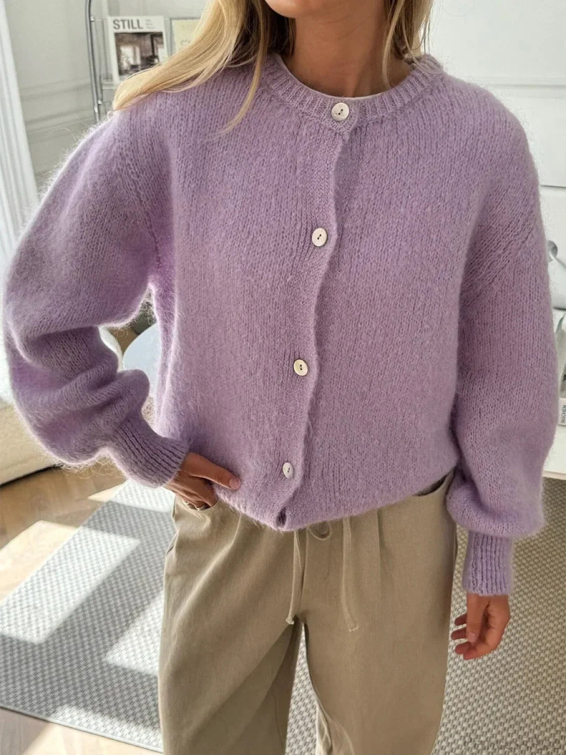 Fuzzy Button-Down Long Sleeve Knit Cardigan purple / S