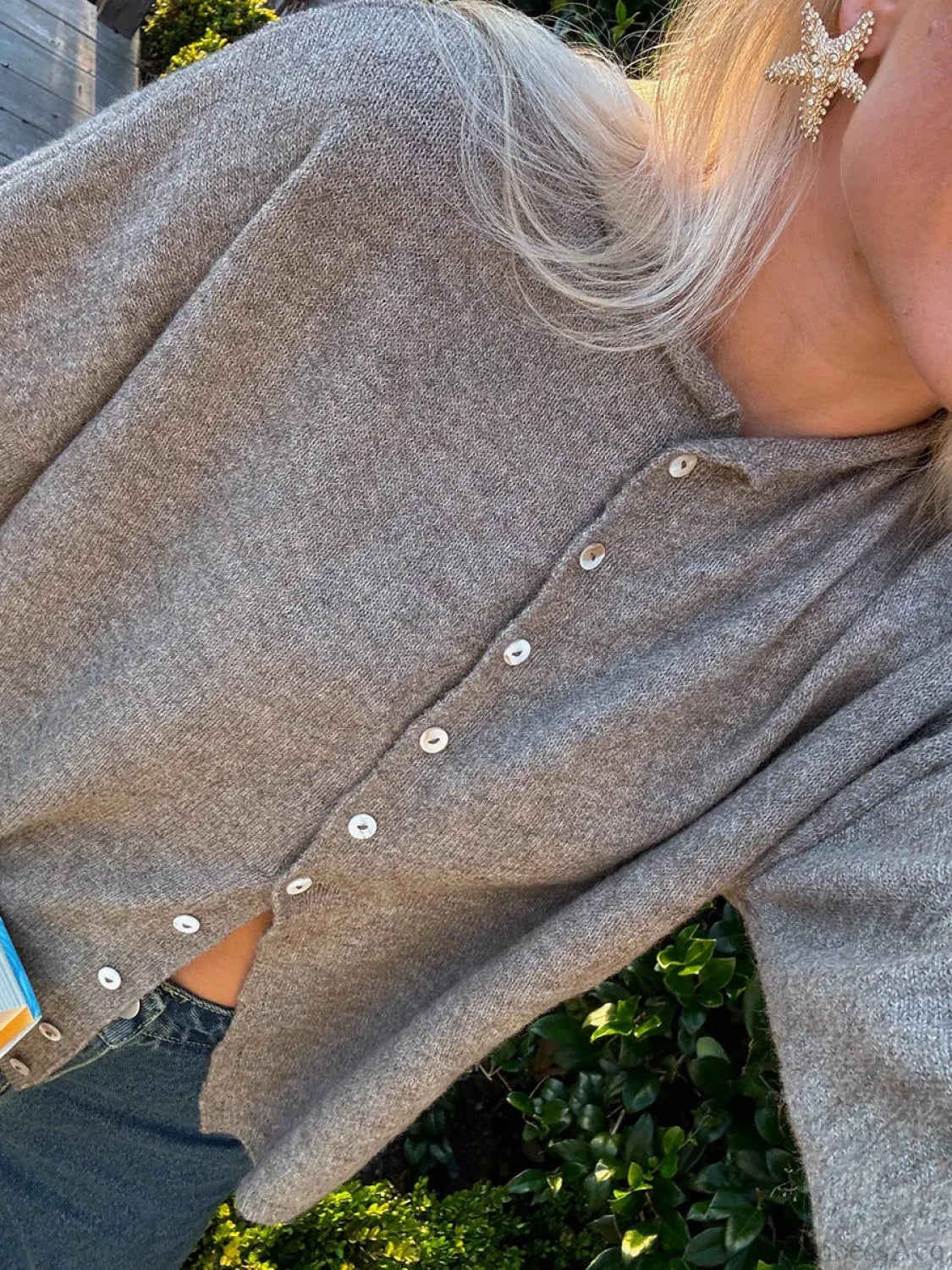 Fuzzy Button-Front Long Sleeve Knit Cardigan