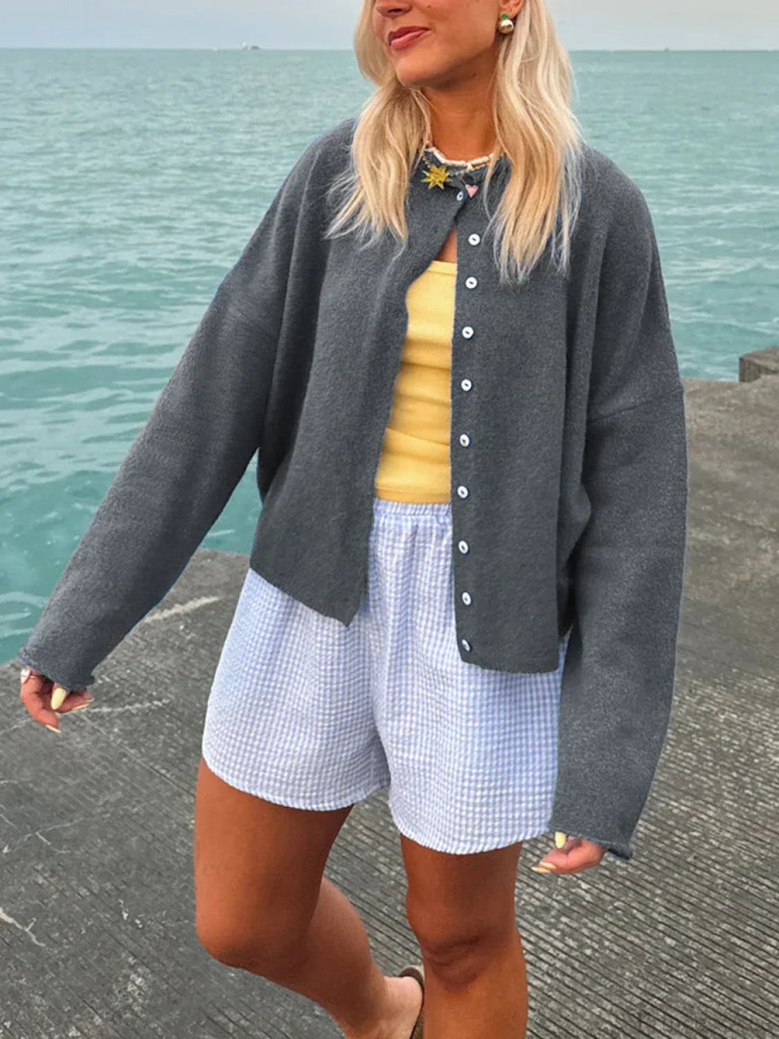 Fuzzy Button-Front Long Sleeve Knit Cardigan