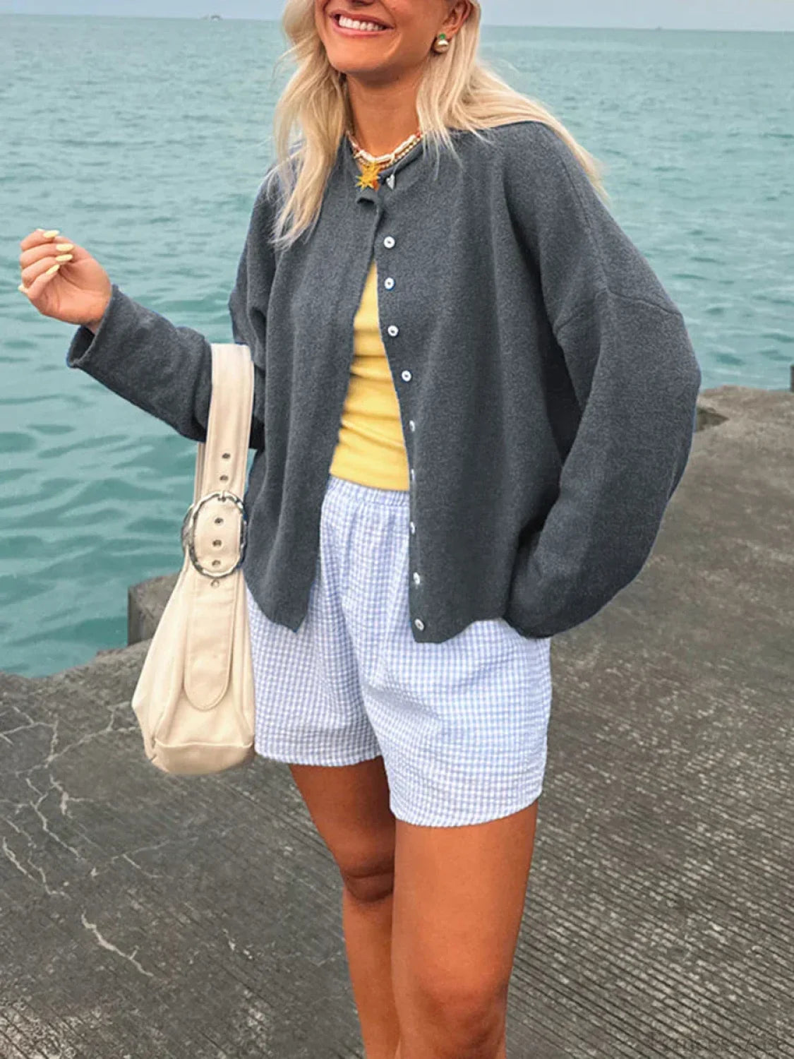 Fuzzy Button-Front Long Sleeve Knit Cardigan Grey / S