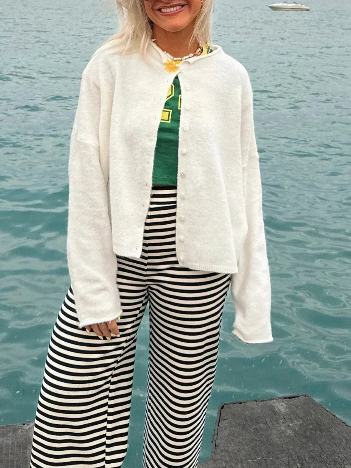 Fuzzy Button-Front Long Sleeve Knit Cardigan White / S