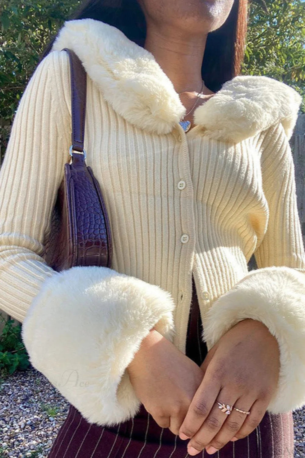 Fuzzy Collar Knit Long Sleeve Cardigan Apricot / One Size