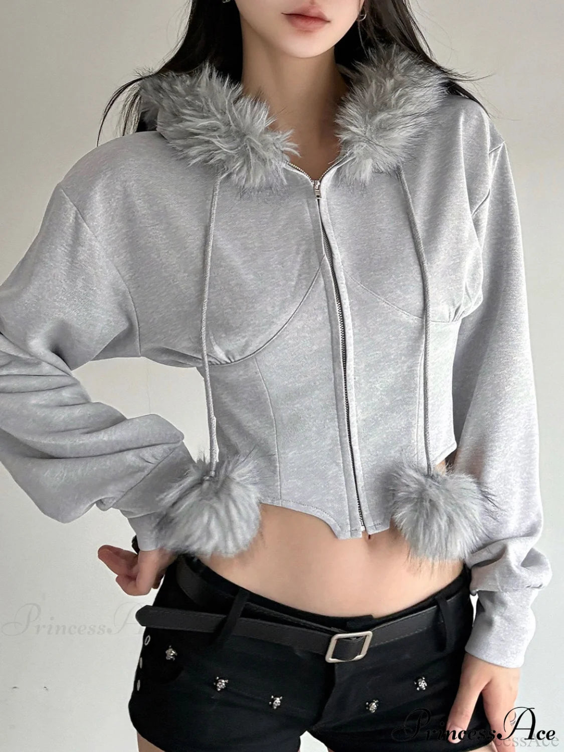 Fuzzy Collar Long Sleeve Cropped Waist-Tied Hoodie