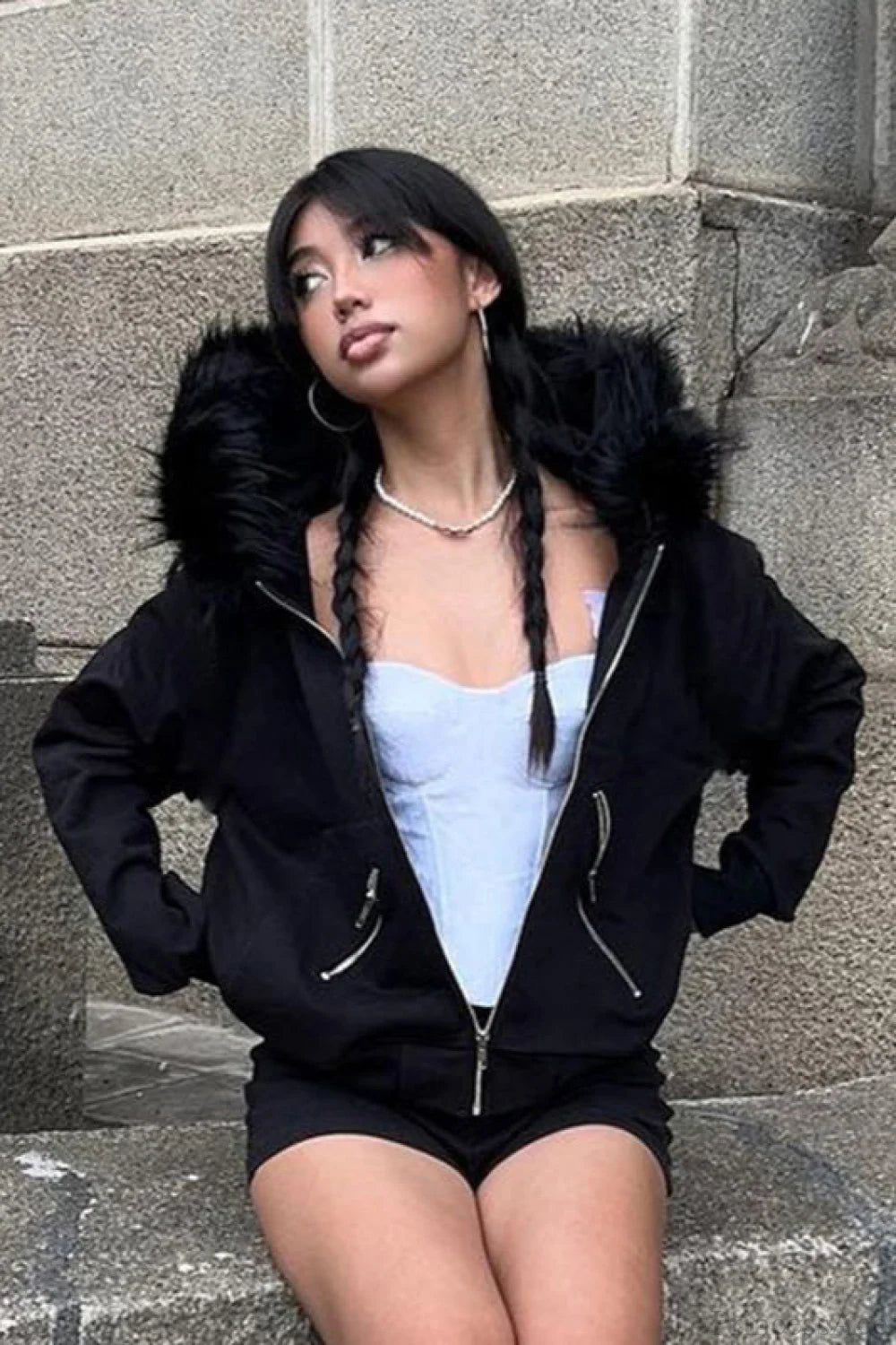 Fuzzy Colorblock Zip Up Hoodie