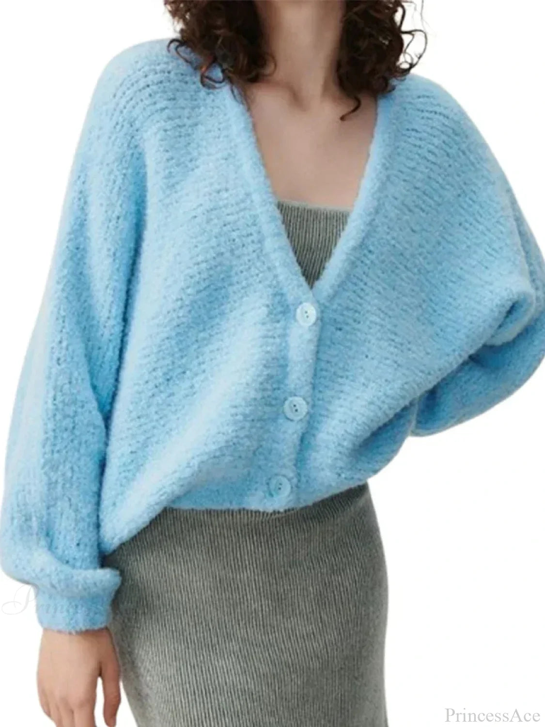 Fuzzy V-neck Button-front Cardigan Blue / S