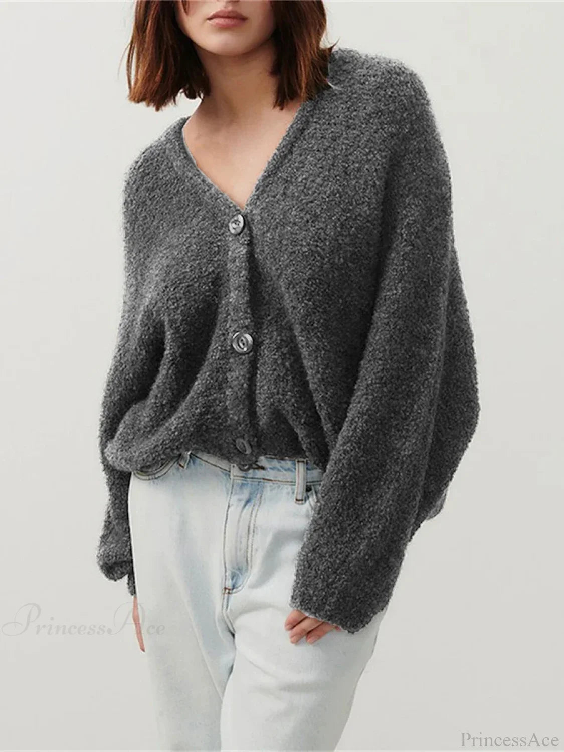 Fuzzy V-neck Button-front Cardigan Dark Grey / S