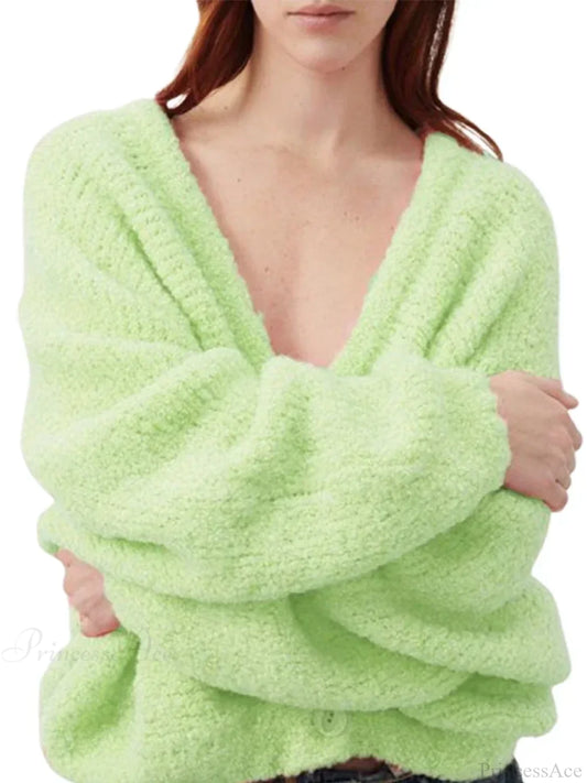 Fuzzy V-neck Button-front Cardigan Green / S