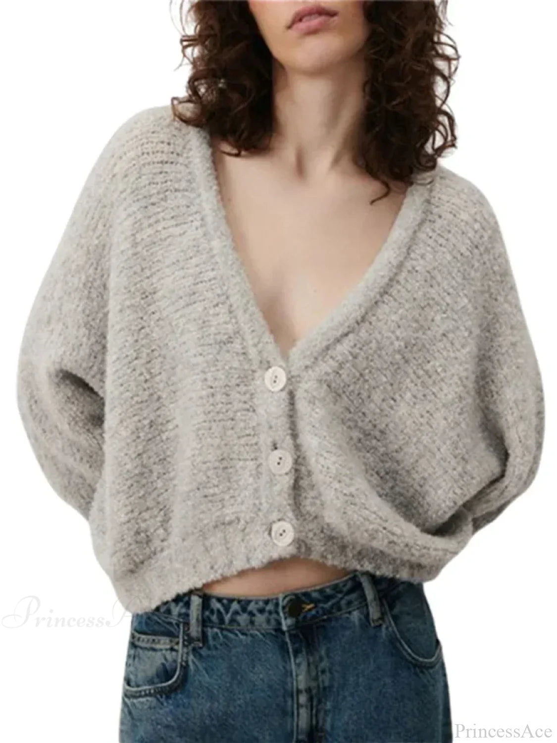 Fuzzy V-neck Button-front Cardigan Light Grey / S