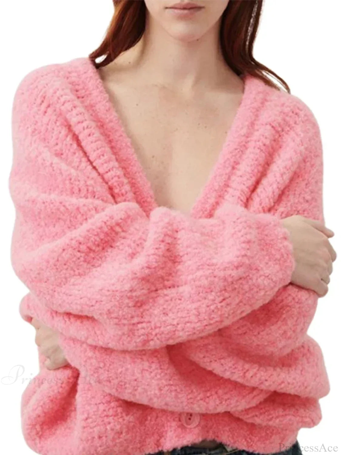 Fuzzy V-neck Button-front Cardigan Pink / S