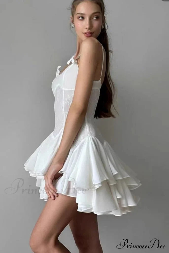 Ganili Spaghetti Sheer Charming Ruffle Mini Dress