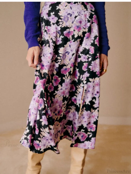 Gentle Purple Floral Midi Skirt Winter Female Split Hem High Waist skirt / S skirt-250126