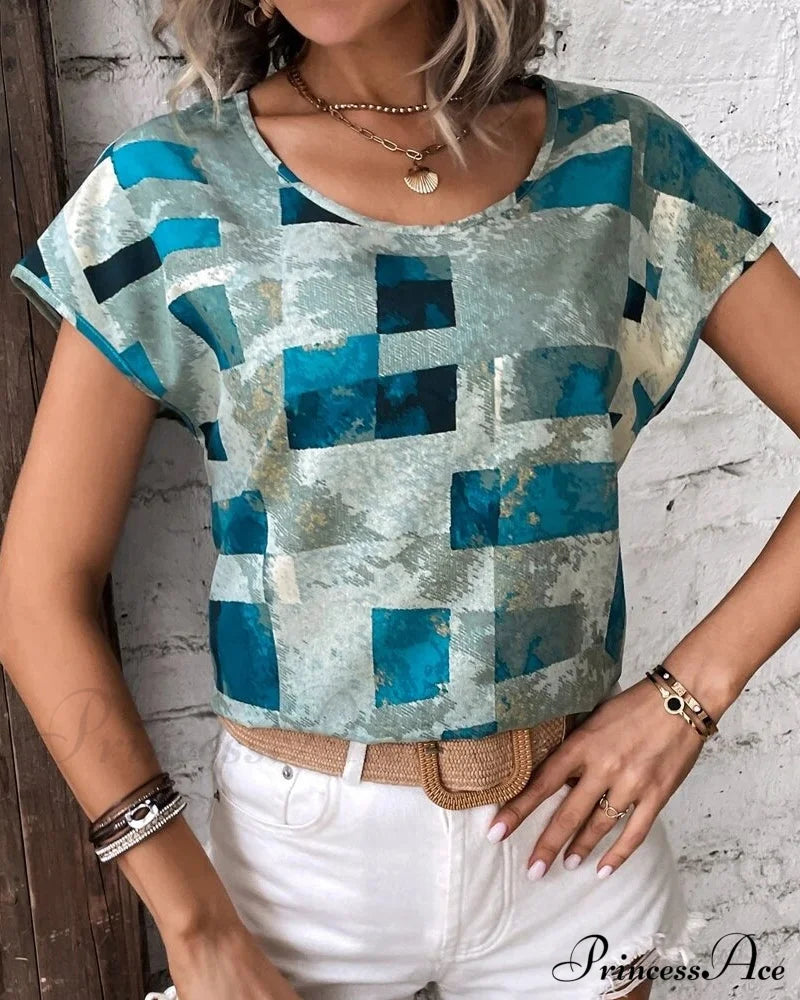 Geometric Print Crew Neck T-shirt Blue 23BF clothes Short Sleeve Tops Spring Summer T-shirts Tops/Blouses