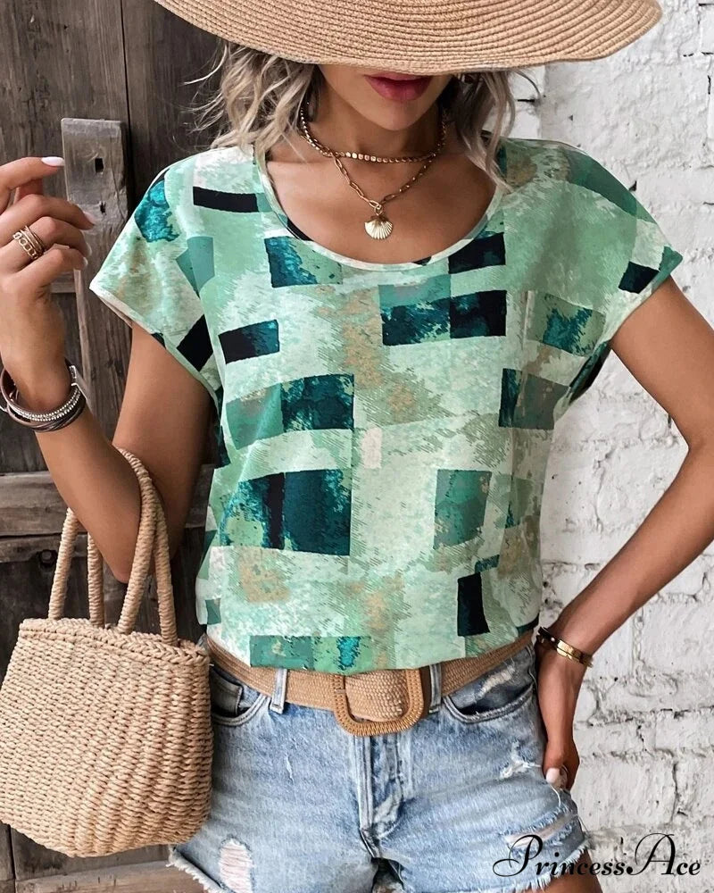 Geometric Print Crew Neck T-shirt Green 23BF clothes Short Sleeve Tops Spring Summer T-shirts Tops/Blouses