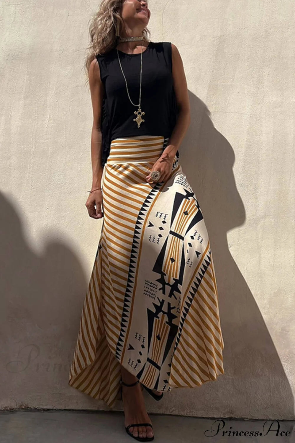 Geometric Print Elastic Charming Waist Maxi Skirt Dresses
