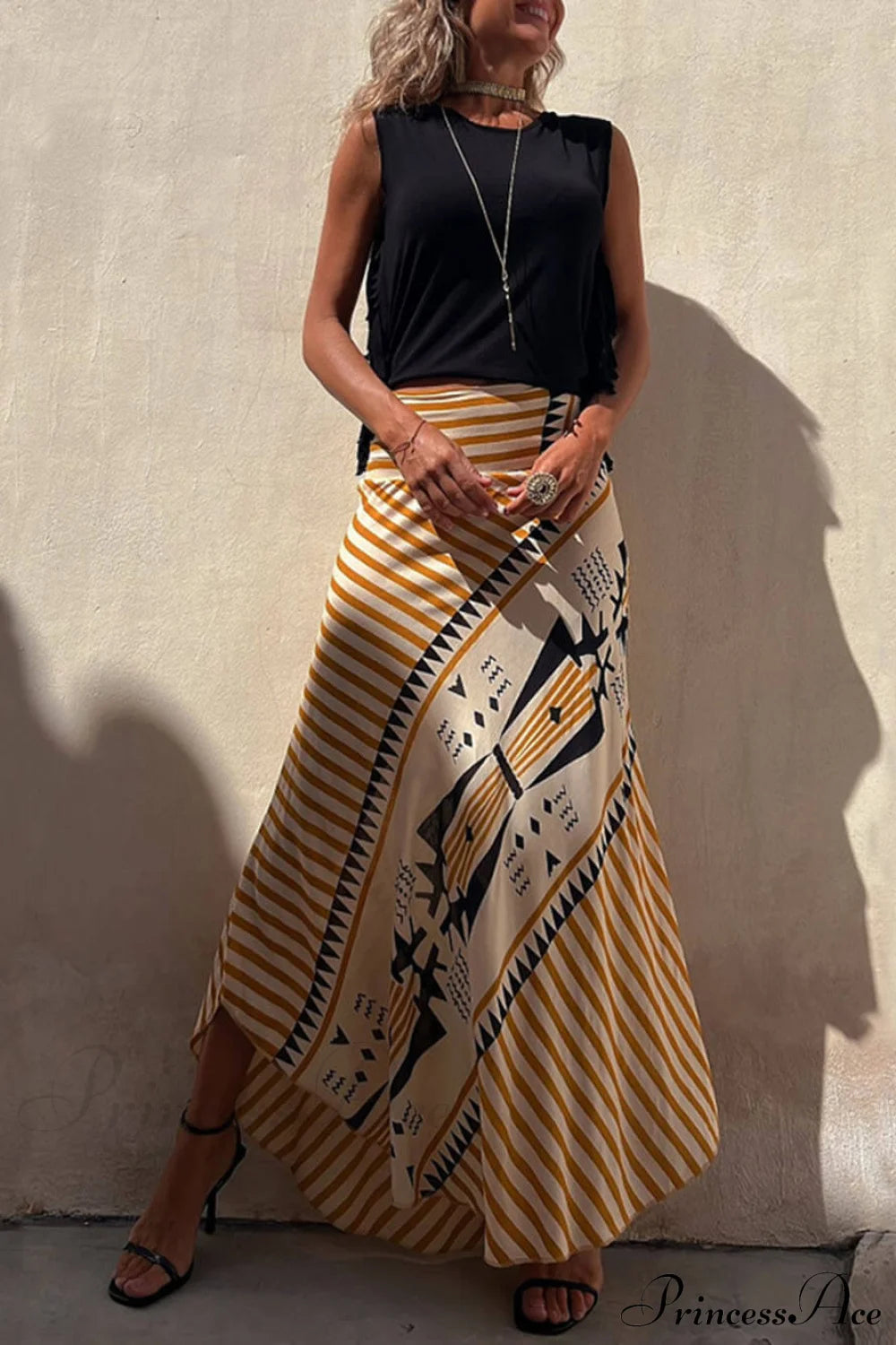Geometric Print Elastic Charming Waist Maxi Skirt Yellow / S Dresses