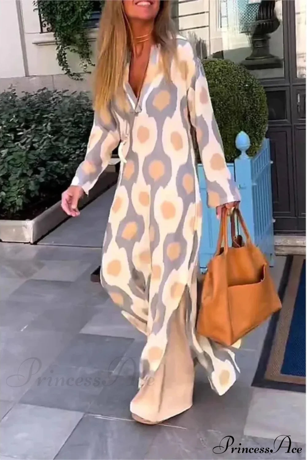 Geometric Printing Split Autumn V Neck Boho Dress