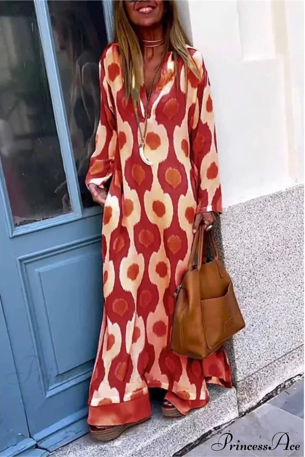 Geometric Printing Split Autumn V Neck Boho Dress