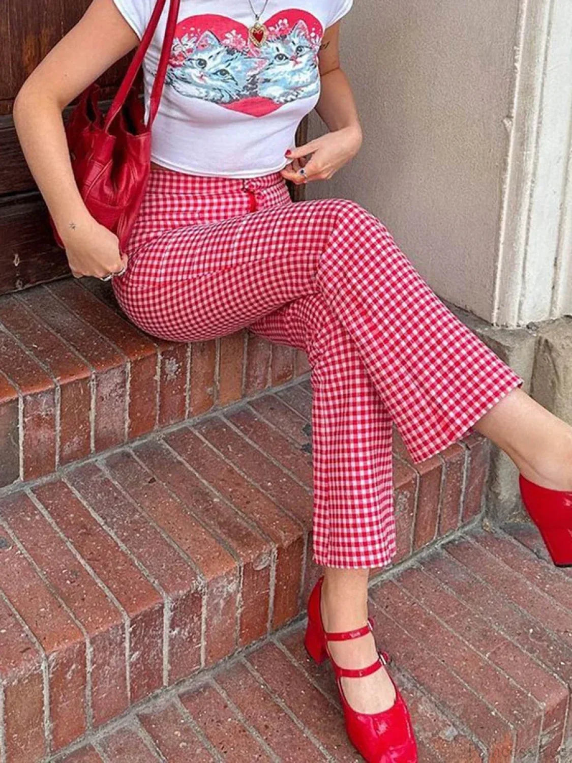 Gingham Red High Waist Flare Plaid Pant pant-250223