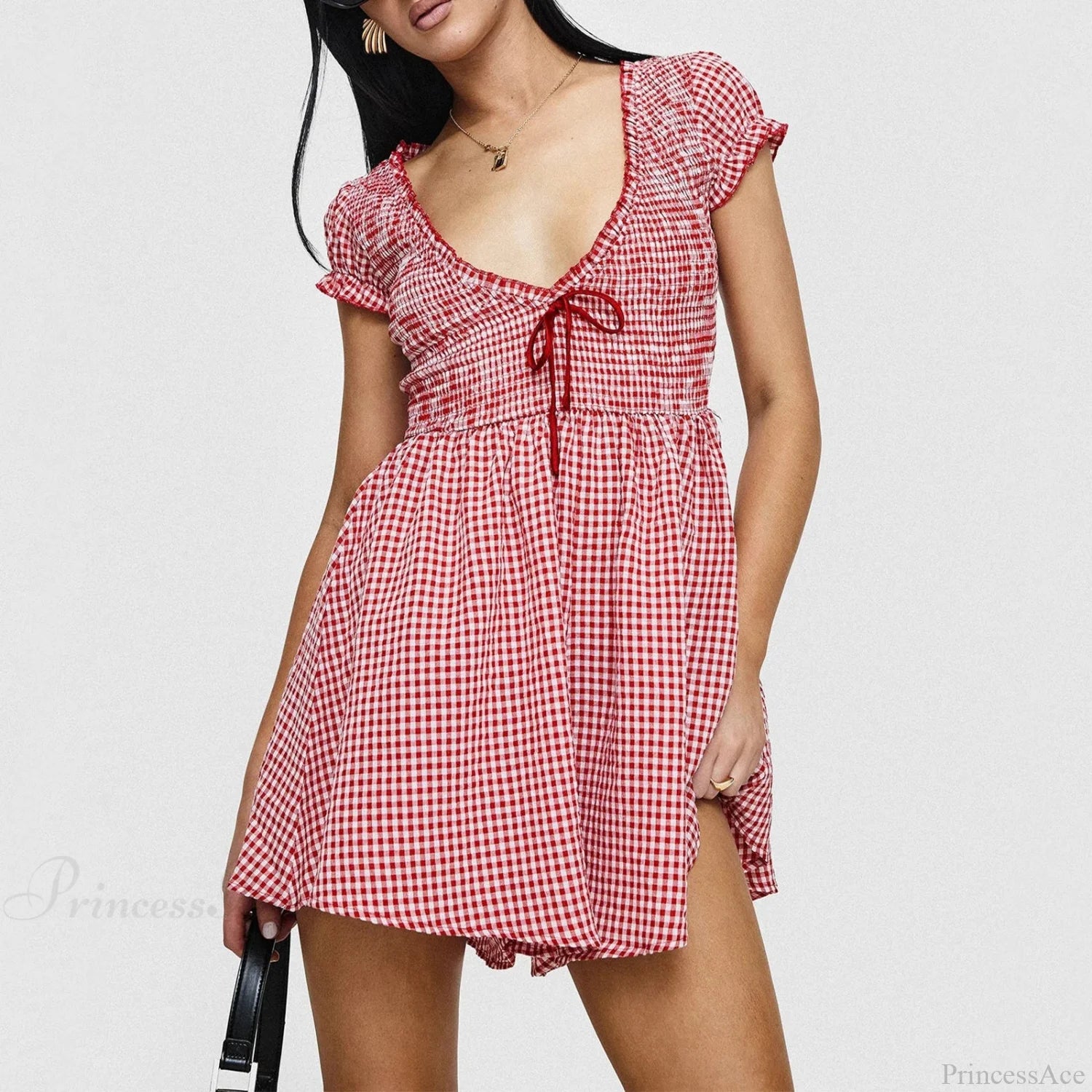 Gingham Smocked Babydoll Mini Dress Red / S minidress-250223