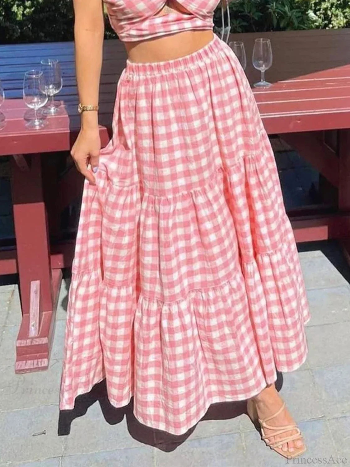 Gingham Tiered Patchwork Skirt Pink / S