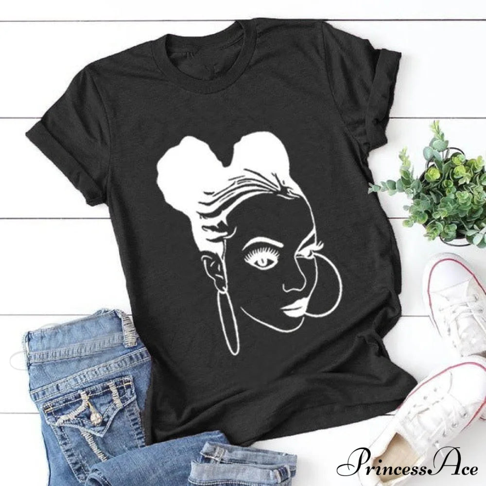 Girl Face Print T Shirt Black / Xs