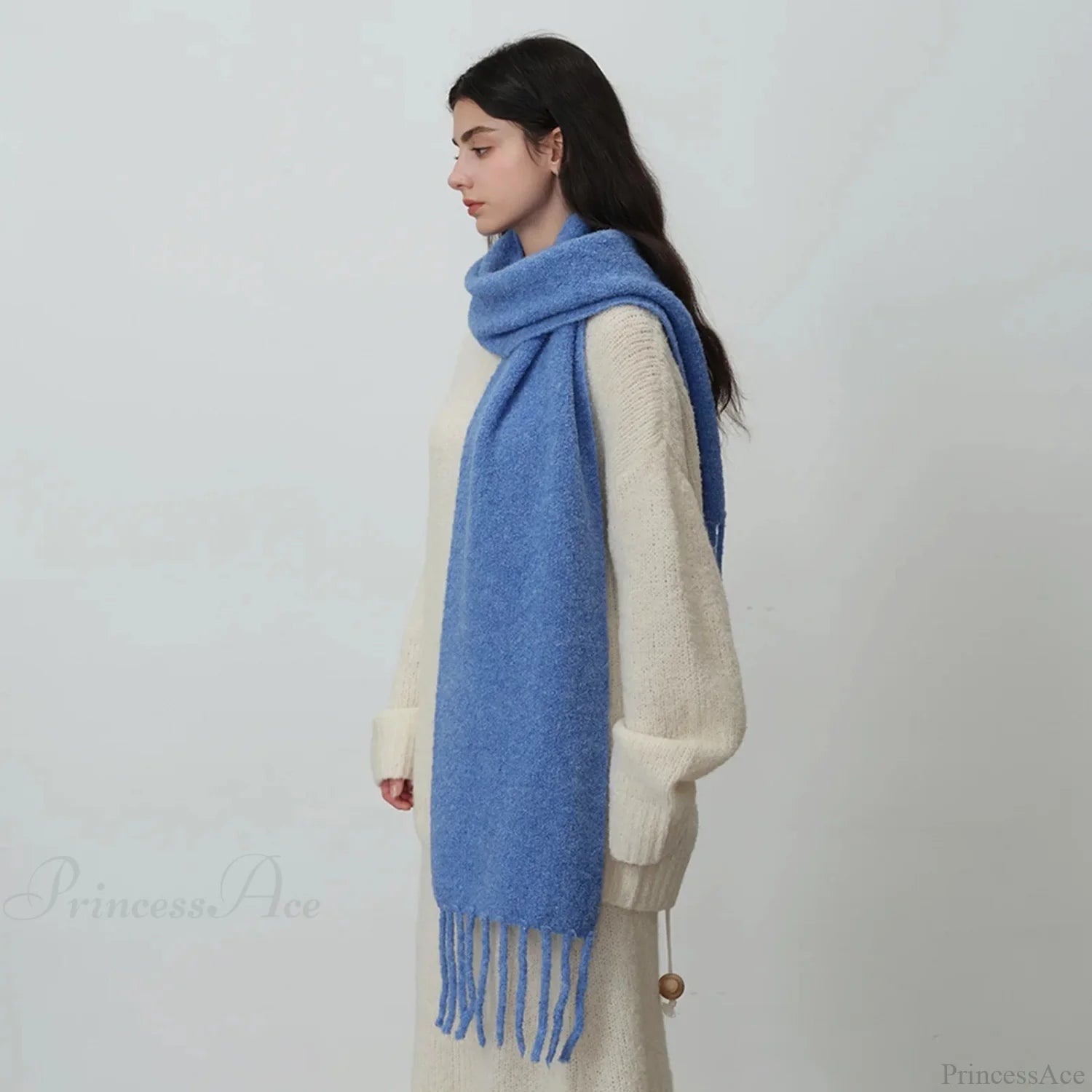 Glacier Blue Knitted Wool Scarf With Tassels For Women Scarfs-L