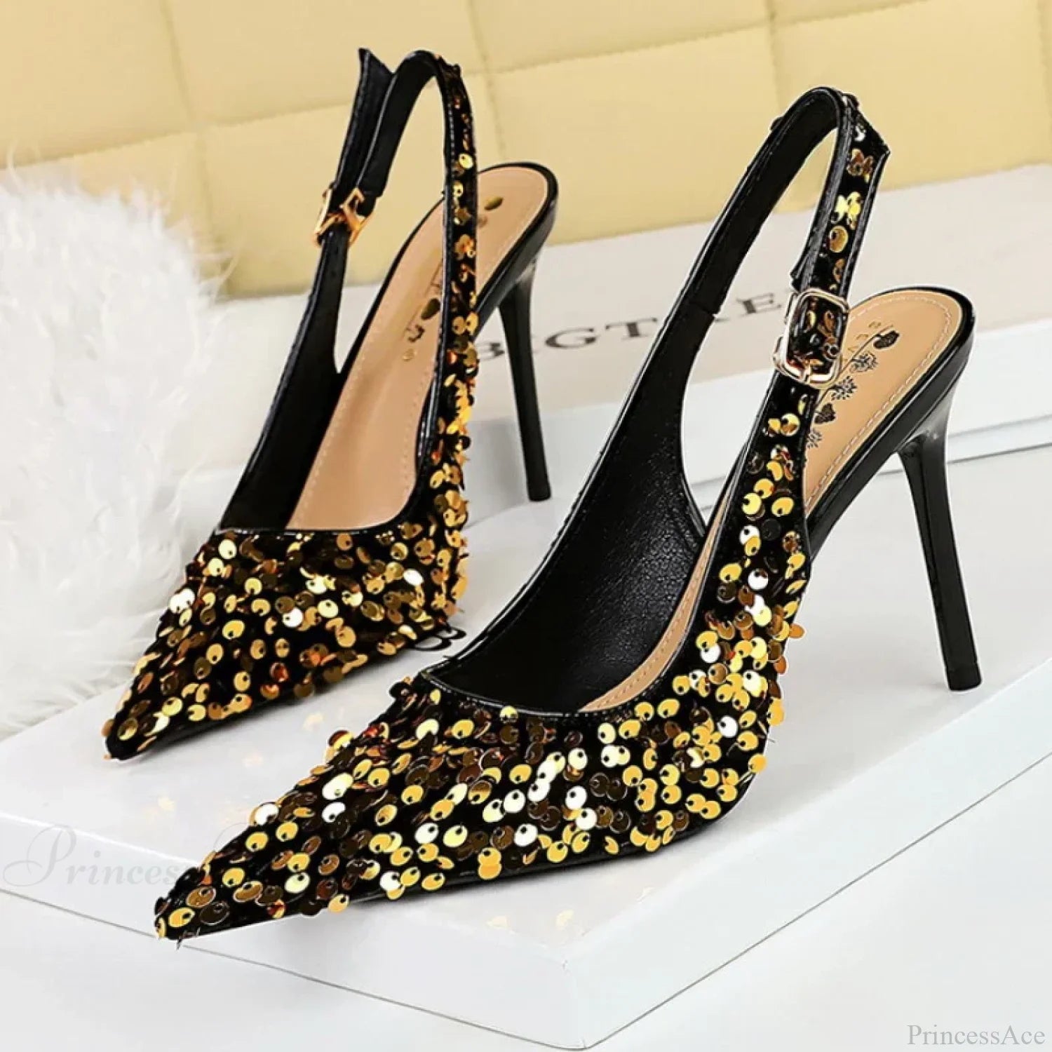 Glitter Luxury Pointed Toe Pumps Golden Thin Heels Sexy Slingback Sandals High Heel