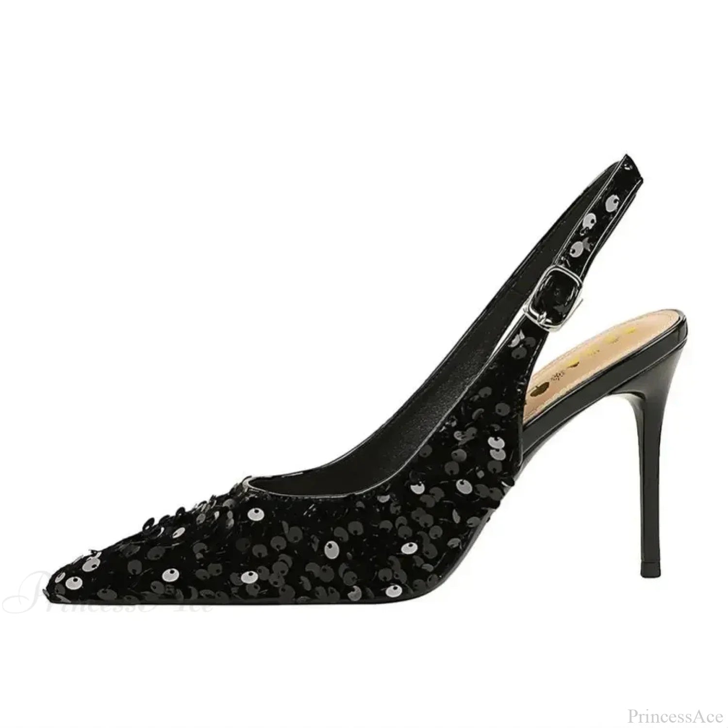 Glitter Luxury Pointed Toe Pumps Golden Thin Heels Sexy Slingback Sandals High Heel Black / 35