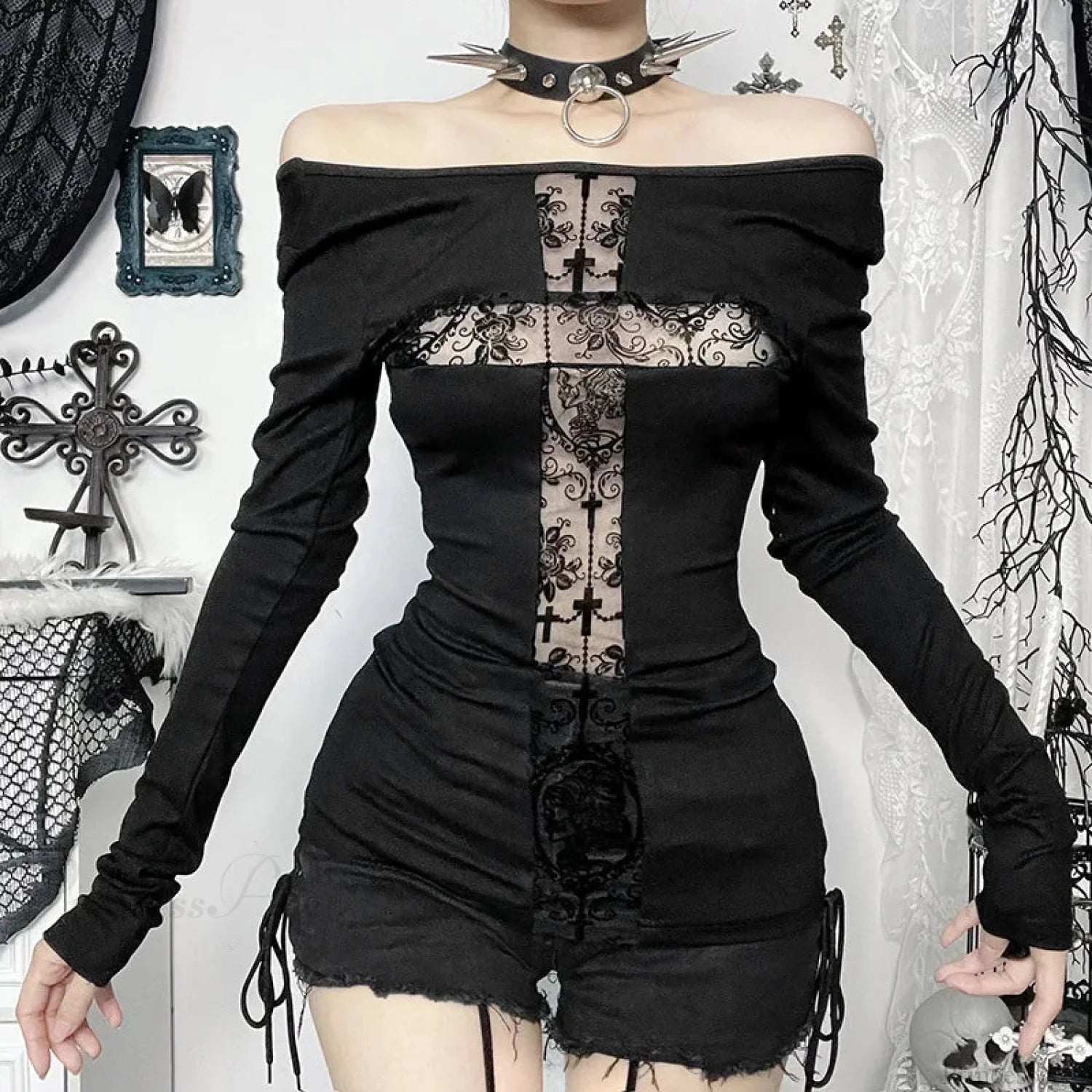 Gloomy Lace Patchwork Gothic Blouse Black / S