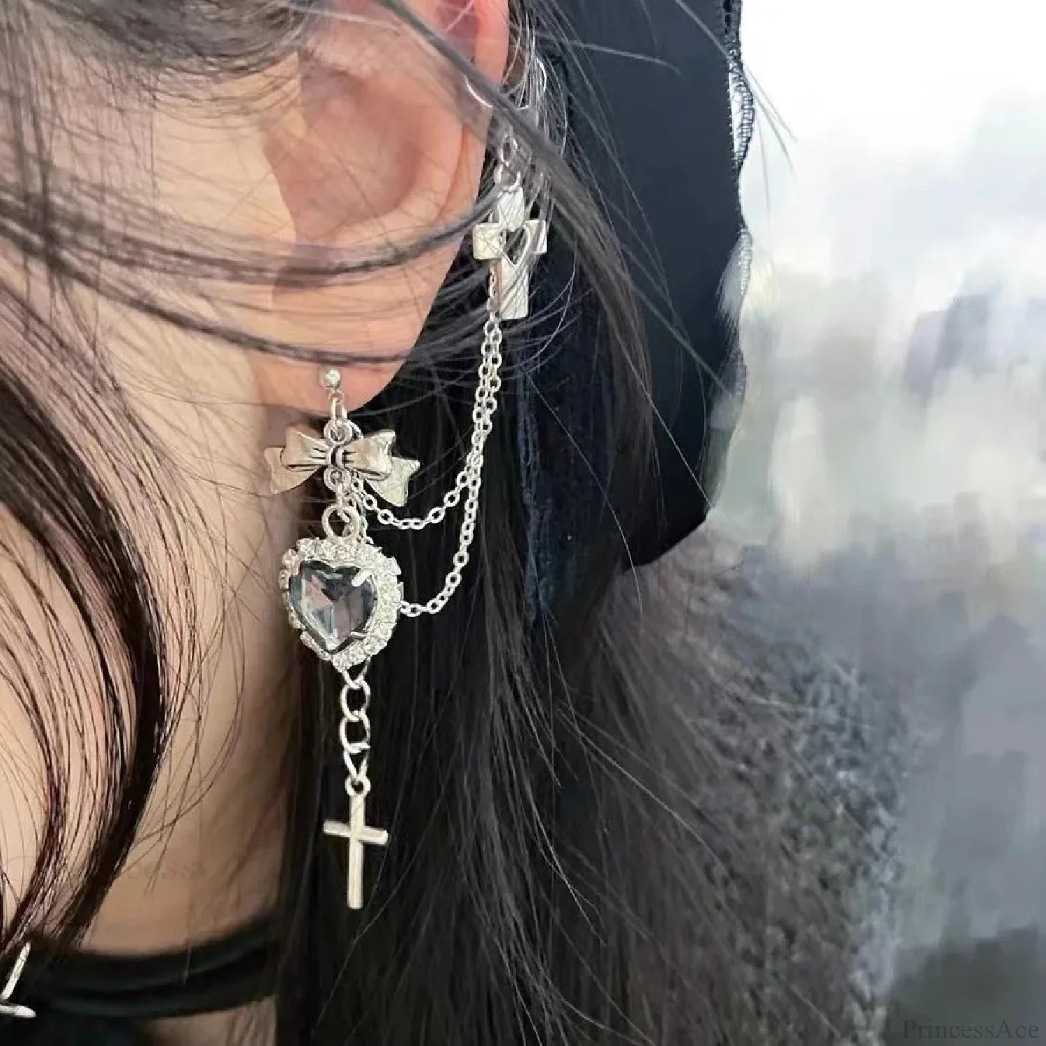 Gloomy Rebel Metal Chain Cross Affection Earring color1