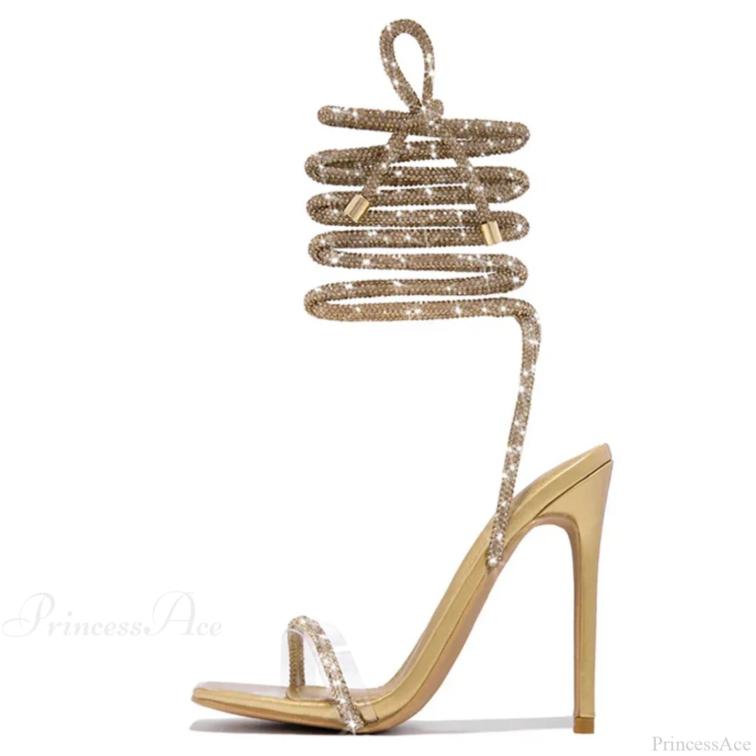 Gold Crystal Ankle Cross-Strap Sexy Open-Toe Club Summer Party Banquet High Heel Golden / 35
