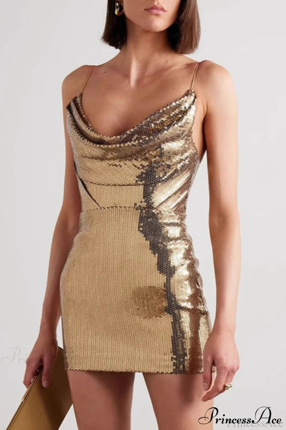 Gold Sequin V Neck Spaghetti Strap Party Dress