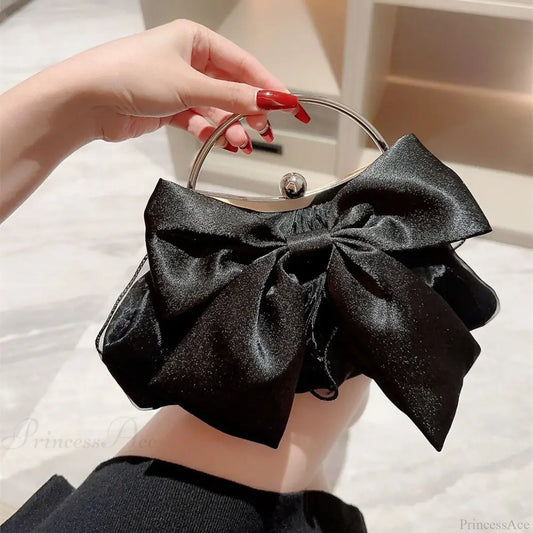 Gold Silk Bowknot Evening Bag Women Elegant Banquet Shoulder Handbag Black clutchbag-250126