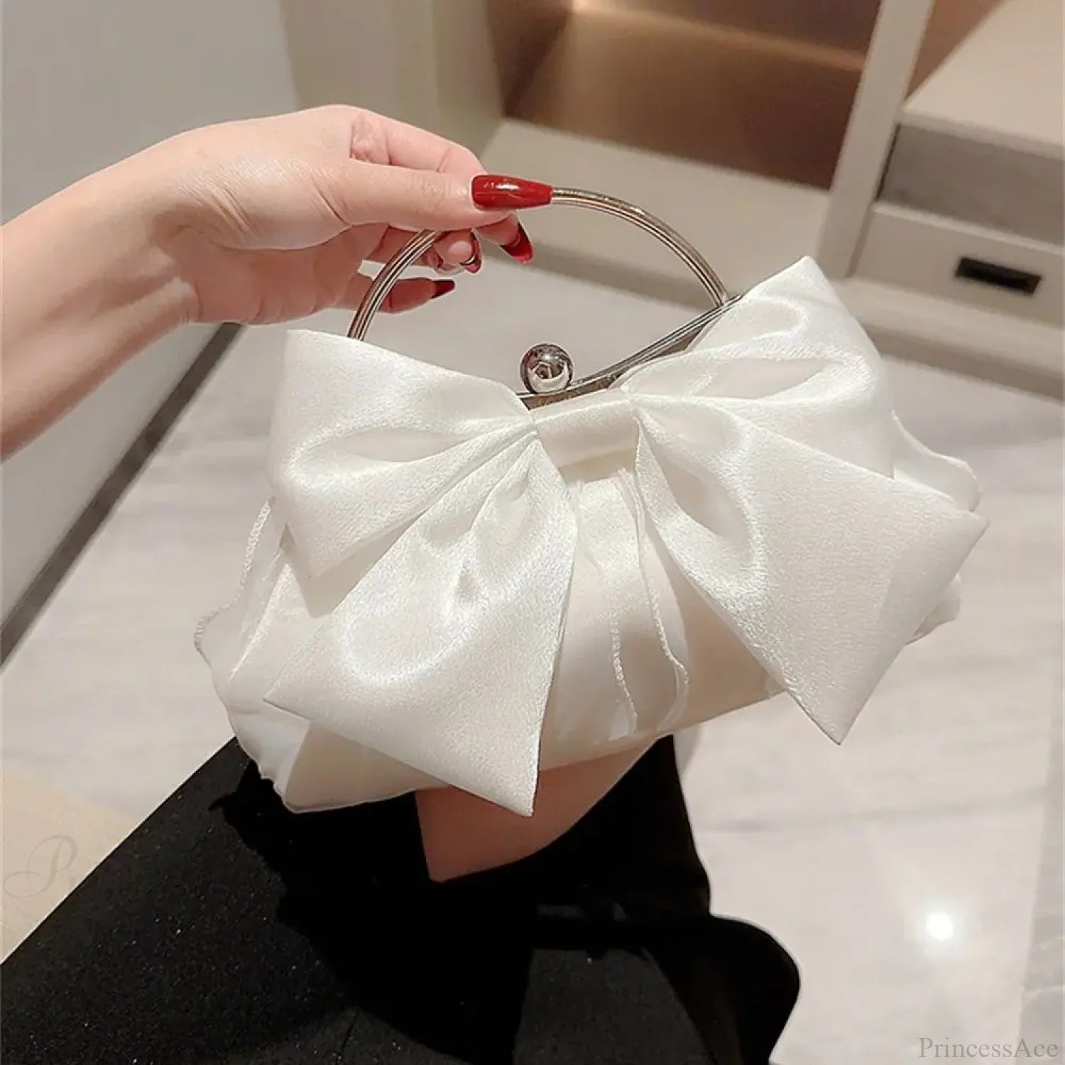 Gold Silk Bowknot Evening Bag Women Elegant Banquet Shoulder Handbag White clutchbag-250126